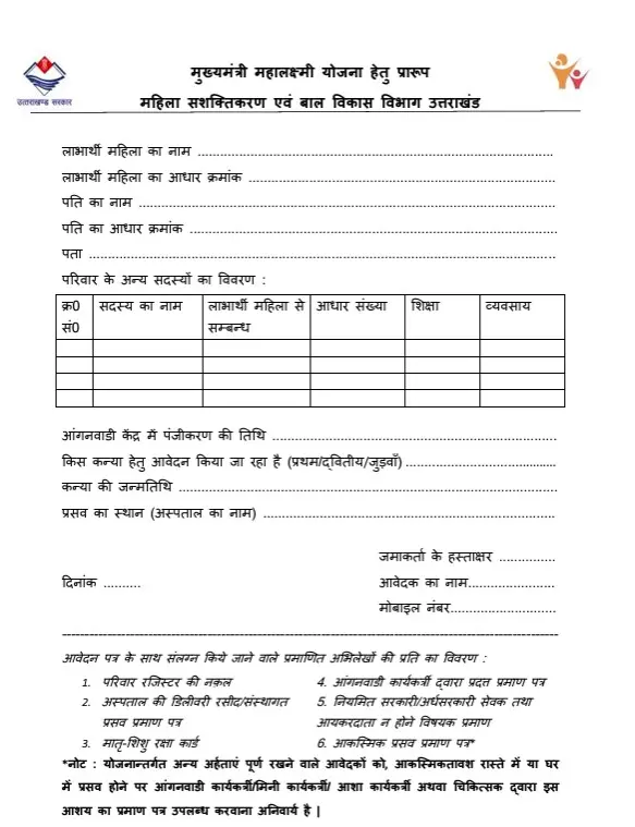 Mukhyamantri Mahalaxmi Yojana form